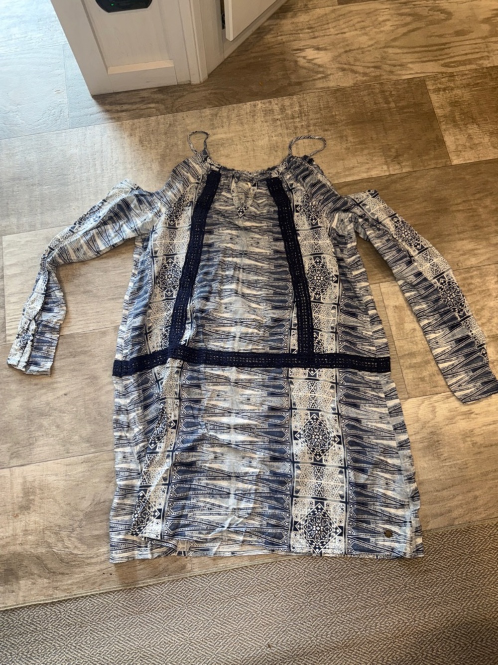Roxy Blue and White Printed Cold-Shoulder Top